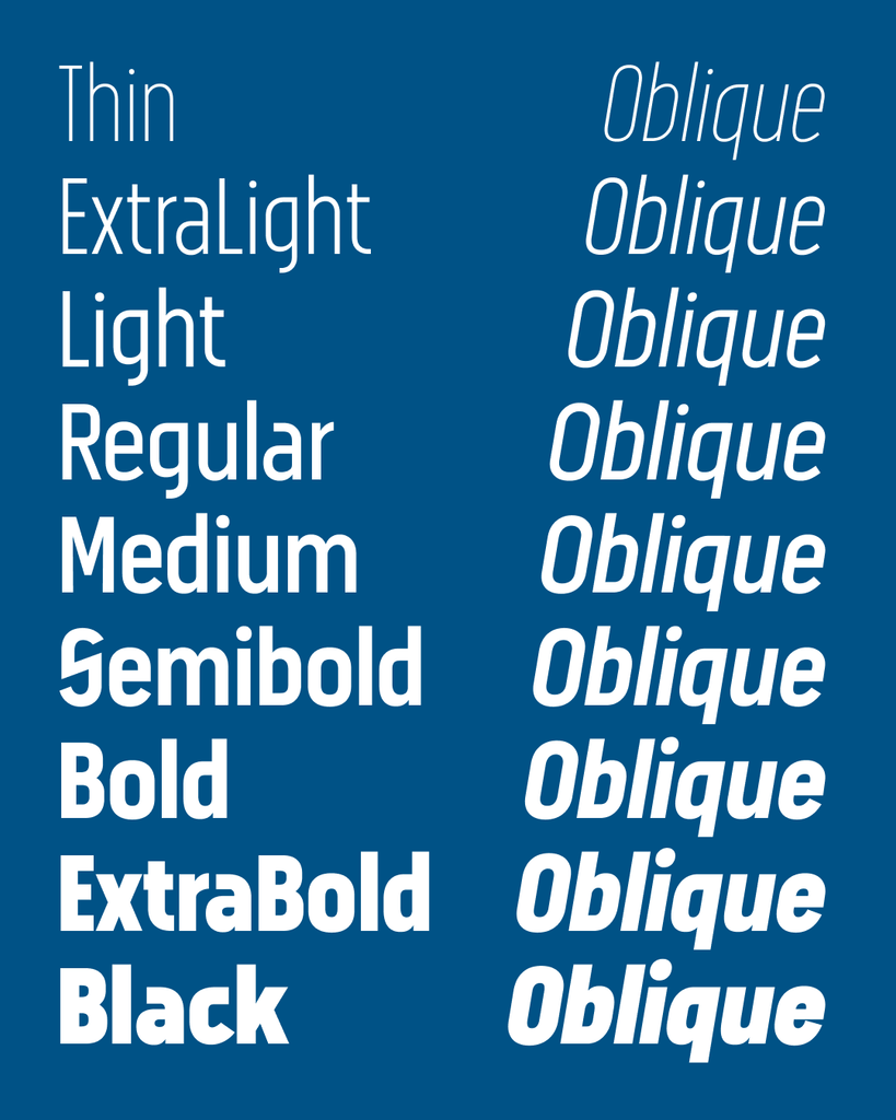 Poster showing 18 styles of the font from Thin to Black with Oblique variants.
